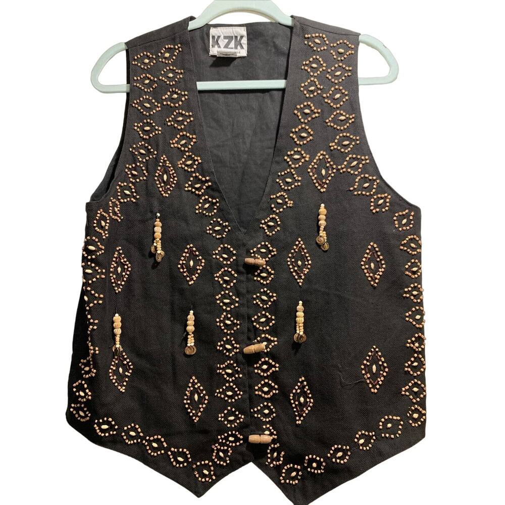 Vintage KZK BLACK Vest wood beads hippy chic boho natural colors SIZE MEDIUM